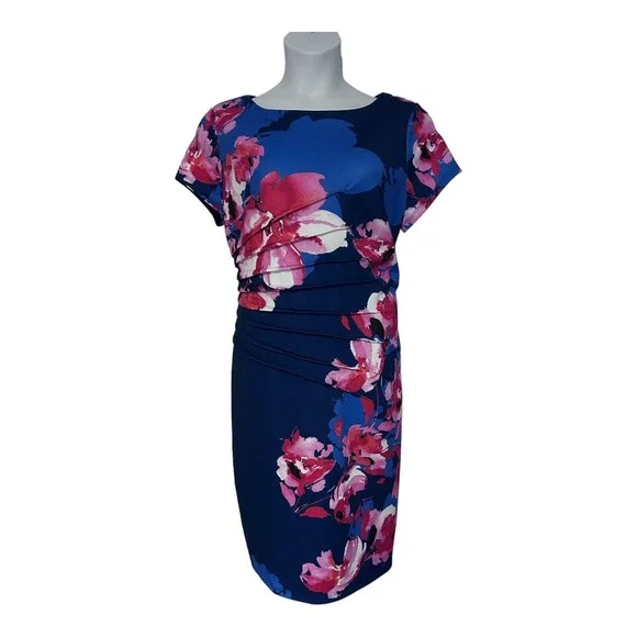 Monroe & Main Pleat-Side Floral Office Casual Brunch Stretch Knit Church Dress - Picture 2 of 16